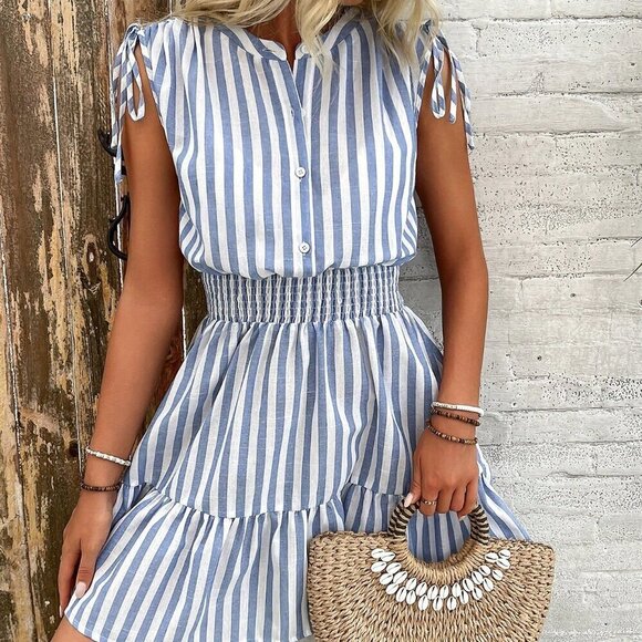 Blue & White Casual Women's Summer Striped Cotton Dress With Shoulder Pleats - Picture 6 of 7